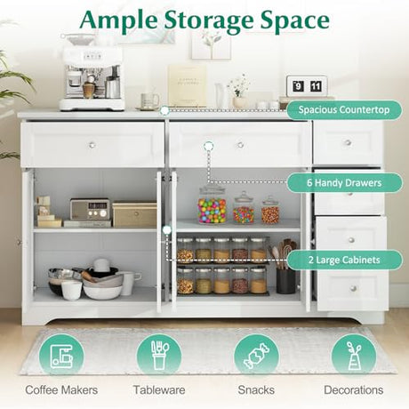 Giantex Large Buffet Cabinet with Storage, 59” Kitchen Cabinet with 4 Doors, 6 Drawers & 2 Adjustable Shelves, Modern Sideboard for Living Room, Coffee Bar, White Giantex
