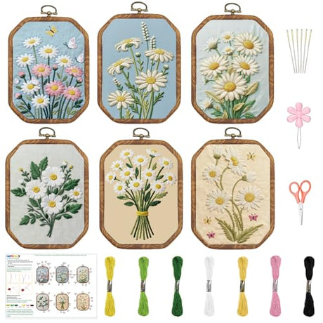 INFUNLY 6 Pack Octagon Daisy Embroidery Starter Kit 7.9×5.9inch Vintage DIY Embroidery Kits for Adults Stamped Needlepoint Set with Step-by-Step Instructions Colorful Threads Craft Lover Gift INFUNLY