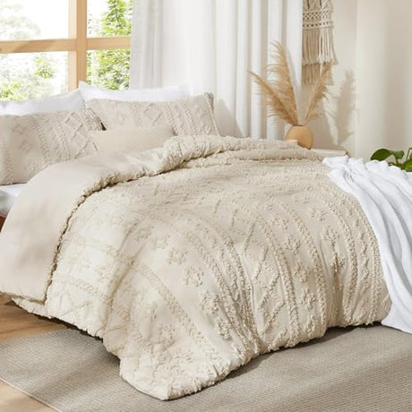 Bedsure Tufted Boho Comforter Set Full Size - Beige Boho Bed Set, GentleSoft™ 3 Pieces Farmhouse Shabby Chic Embroidery Bedding, Gifts for Woman, Soft Jacquard Full Comforter for All Seasons Bedsure
