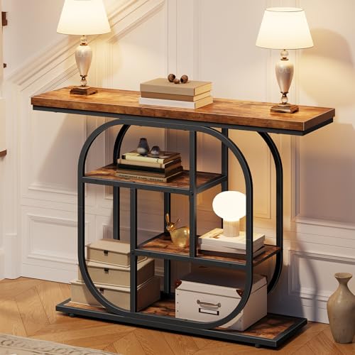 HOOBRO 43.3" Console Table, 4-Tier Sofa Table, Industrial Entryway Table, Behind Couch Table, Accent Table with Storage Shelf for Entryway, Foyer, Living Room, Bedroom, Hallway, Rustic Brown BF65XG01 HOOBRO