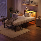 Maliacife Twin Bed Frame with Headboard,Single Bed Frame with Charging Station and LED Lights,Metal Platform Bed Twin Sizes,No Box Spring Needed,Easy Assembly,Black (Sand Black, Twin) Maliacife