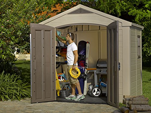 Keter Factor (8x6 ft) Large Resin Outdoor Storage Shed for Patio Furniture, Lawn Mower, Garden Accessories Yard Tools, and Pool Toys, Taupe Keter