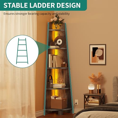 YITAHOME 5-Tier Corner Bookshelf with LED Light - Modern Wooden Ladder Storage Rack in Charcoal Gray - WoodArtSupply