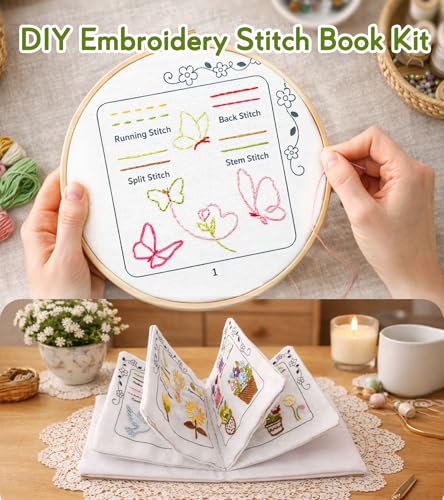 CIZULFY Beginner Embroidery Stitch Book Kit with Pre-Printed Fabric, 30 Essential Stitches and Practice Patterns(Floral Animal etc), Embroidery Beginner kit Adult with Tool and Video Guide CIZULFY