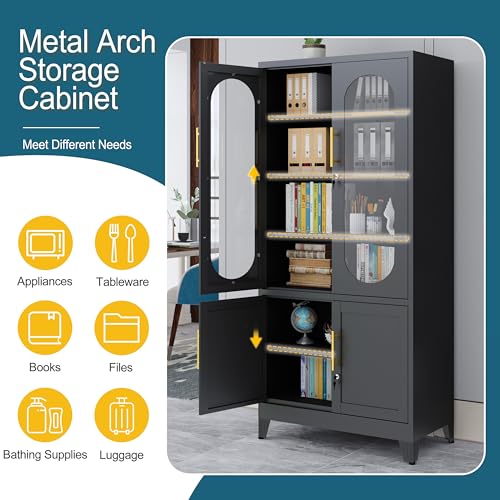 GAIOUS Metal Storage Cabinet with 2 Glass Doors, 71" Tall Lockable Cabinet with Adjustable Shelves, Black Steel Versatile Storage Cabinets for Home Office Garage Gym School GAIOUS