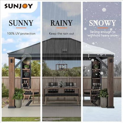 Sunjoy 12 x 14 ft. Hardtop Gazebo with Solar Powered, Cedar Wood Framed Steel Hardtop Gazebo with LED Lighting, Bluetooth Sound and Storage Racks by SummerCove - WoodArtSupply