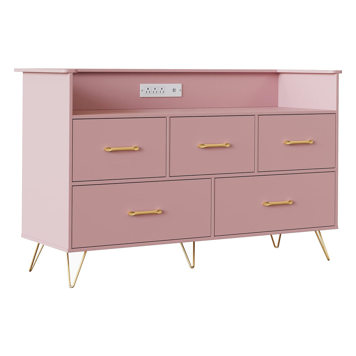 Patikuin Pink Dresser for Bedroom, 47" Wide Chest of Drawers with LED Lights, Charging Station & 5 Smooth-Sliding Drawers, Modern Wood Storage Cabinet for Entryway, Hallway, Living Room Patikuin