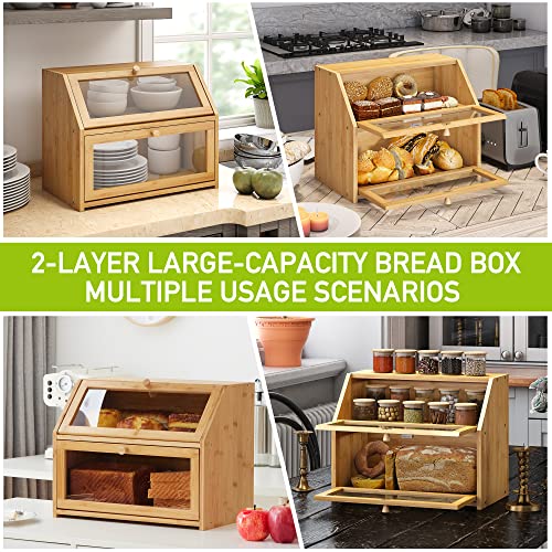 Farmhouse Bread Box for Kitchen Countertop Bread box Double Layer Bamboo Wooden Extra Large Capacity Bin Kitchen Food Storage Container(Natural) BMOSU