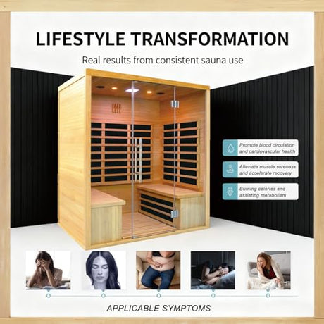 Homsido 3-4 Person Sauna, Hemlock Wooden Indoor Far Infrared Home Sauna Room 11 Low EMF Infrared Carbon Panels with Tempered Glass Door,Bluetooth Speakers 7 Chromotherapy Lights（220V, 2880W） Homsido