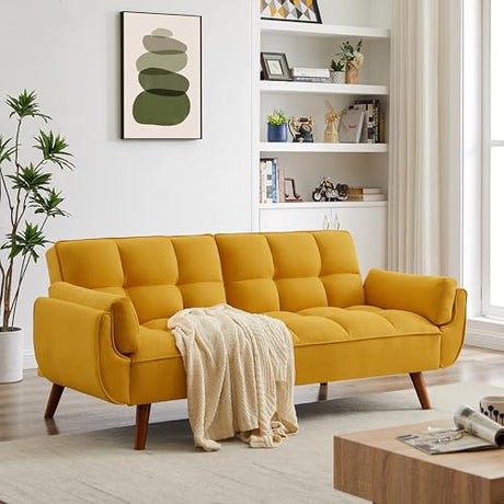 Betoko Convertible Futon Sofa Bed Sleeper Twin Size, Modern Reclining Linen Split Back Sofa Couch with Pillow Top Arm for Compact Living Room,Apartment (Yellow) Betoko