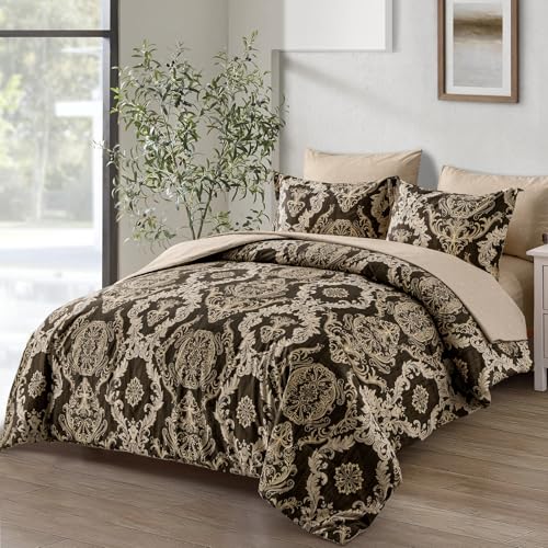 WONGS BEDDING 7 Pieces Comforter Set Queen Size,Damask Texture Design Bed in a Bag Bedding Sets,Brown Soft Lightweight Microfiber Bedding Set for All Season WONGS BEDDING