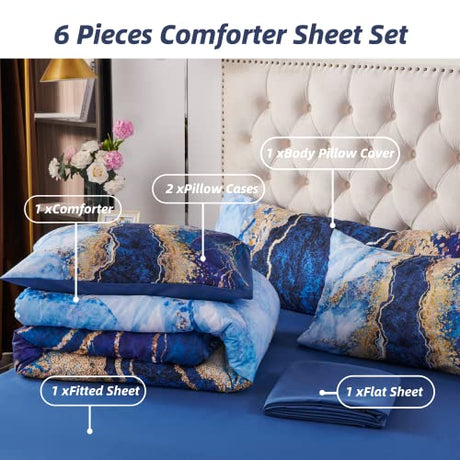 PERFEMET 6 Pcs Bed-in-A-Bag Queen Size Blue Watercolor Marble Printed Comforter Set with Matched Bed Sheets, Colorful Retro Artwork Style Bedroom Collections, Soft Lightweight Quilt Set(Blue,Queen) PERFEMET