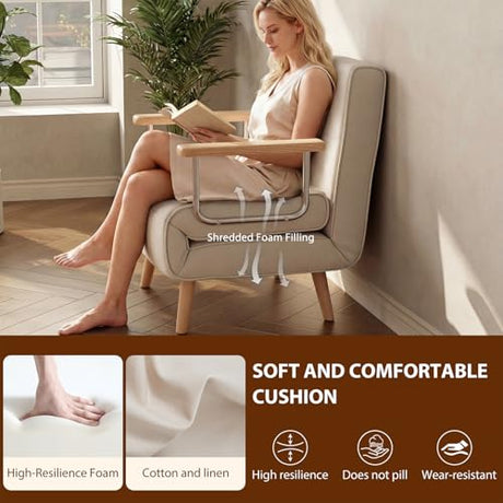 3 in 1 convertible sleeper sofa bed - Portable Rollaway Guest Bed Space-Saving Foldable Design for Easy Storage Futon Chair with 6-Level Adjustable Backrest for Guest Room Apartment Dorm, Cream Beige TIMBERKNOWS