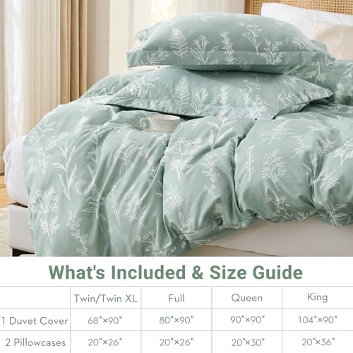 MUXHOMO Duvet Cover Full Size, Reversible Floral Green Duvet Cover Set with Zipper Closure, 3 Pieces Botanical Patterns Soft Microfiber Bedding Set with 4 Ties (80"x90", 2 Pillow Cases) MUXHOMO