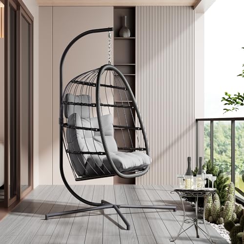 HWB Hanging Egg Chair with Stand, Swing Hammock Chair with Cushion for Indoor Outdoor, Patio Wicker Egg Swing Chair for Balcony Furniture, Light Gray HWB
