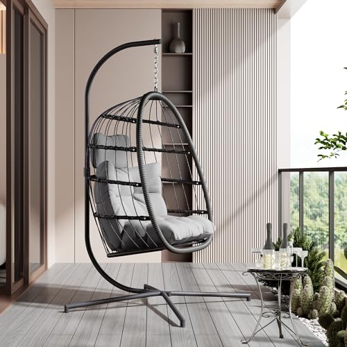 HWB Hanging Egg Chair with Stand, Patio Wicker Egg Swing Chair with Cushion for Bedroom Garden Indoor Outdoor (Grey) - WoodArtSupply