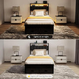 Aelawe Twin Bed Frames with Storage Drawer, Platform Bed with Charging Station and LED Lights, Upholstered Headboard with 2-Tier Storage Shelves, No Box Spring Needed Aelawe
