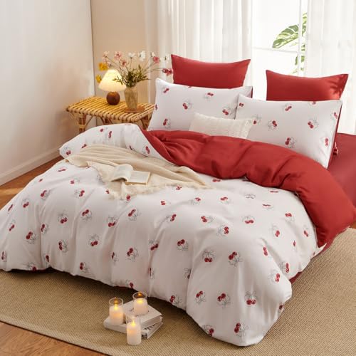 Bildenly White Comforter Set Full Size - Red Cherry Quilt Bedding Set 3 Pieces, Comforter Set Full, Soft & Lightweight Comforter(79‘’ x 90‘’) for Girl All Season & 2 Pillowcases(30‘’x20‘’) Bildenly