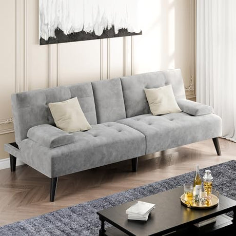 Shintenchi Futon Sofa Bed, Velvet Foldable Couch Reclining Sleeper w/Removable Armrests, Upholstered Loveseat w/Folding Cup Holders for Home, Office, Light Gray Shintenchi