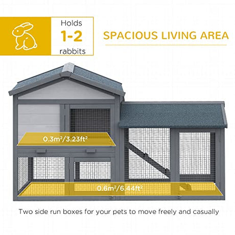 PawHut 58" Rabbit Hutch, Wooden Bunny Hutch, Guinea Pig Cage, Small Animal Enclosure with Run Area, Removable Tray, Asphalt Roof, Lockable Doors and Ramp, Dark Gray PawHut