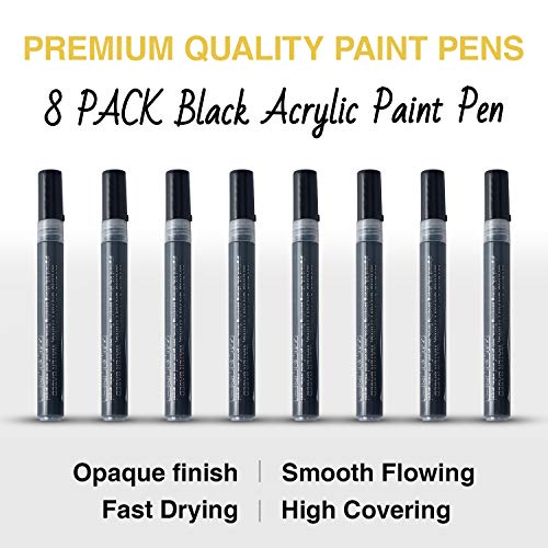 AKARUED Black Acrylic Paint Markers: 8 Pack Black Paint pen, Acrylic Black Paint Marker for Rock Painting, Stone, Wood, Glass, Metallic, Ceramic, Graffiti, Paper, Drawing, Water-Based Paint pens Sets AKARUED
