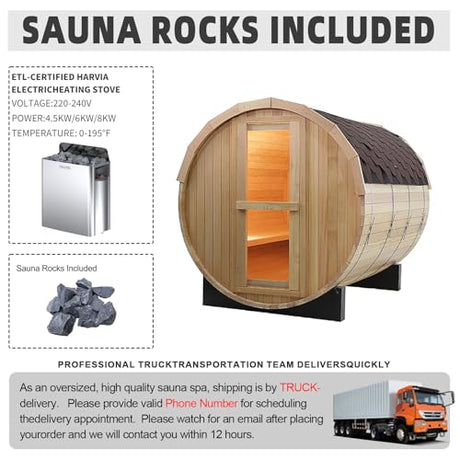 Outdoor Barrel Steam Sauna, 3-4 Person Canadian Red ceda Wood Sauna Room, 4.5KWHarvia Electric Heater, Asphalt Shingle Roof TaTalife