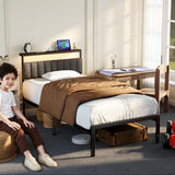 Woanke Twin Bed Frame With Headboard Upholstered, Twin Frame with LED & Charging Station, Twin Metal Bed Frame Assemble Easily, Noise-Free Bed Frame Twin, Black Twin Bed Frames for Kids & Adults,Black Woanke