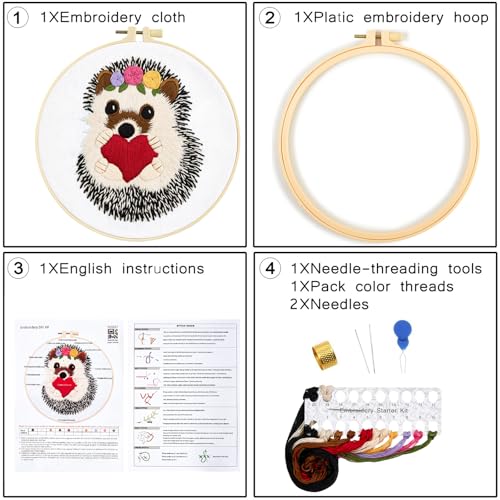 Cute Hedgehog Embroidery Kits for Beginners Adults, Animals Embroidery Starter Kits, Counted Cross Stitch Kits for Beginners DIY Craft Kits for Adults Women, Embroidery Hoops, Thread & Video Tutorial