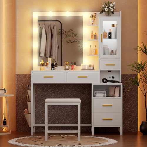 Dnxao Makeup Vanity Desk with Mirror and Lights & Charging Station, White Vanity Makeup Table Set, RGB LED Cabinet, 5 Drawers & Side Storage Bag, Vanity Mirror with Lights Desk and Chair for Bedroom