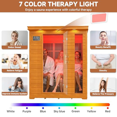 springspa 3 Person Infrared Sauna Indoor Home Sauna, Low EMF Far Infrared Canadian Hemlock Dry Saunas Room with 2 LCD Panels, 2820W/240V 15amp, 7-Color Light Therapy, 60.24"x43.31"x74.8" springspa