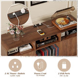 Nasonet Record Player Stand with Vinyl Storage Cabinet, 55'' Large Mid Century Modern Turntable Cabinet with Charging Station & USB Ports, Curved Wood Stereo Cabinet for Living Room, Walnut Nasonet