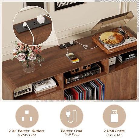 Nasonet Record Player Stand with Vinyl Storage Cabinet, 55'' Large Mid Century Modern Turntable Cabinet with Charging Station & USB Ports, Curved Wood Stereo Cabinet for Living Room, Walnut Nasonet