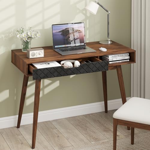 Tangkula Mid-Century Modern Computer Desk, Home Office Desk w/Drawer & Open Compartment, Laptop PC Desk w/Rubber Wood Legs, Makeup Vanity Table, Vintage Writing Desk Workstation for Study, Bedroom Tangkula