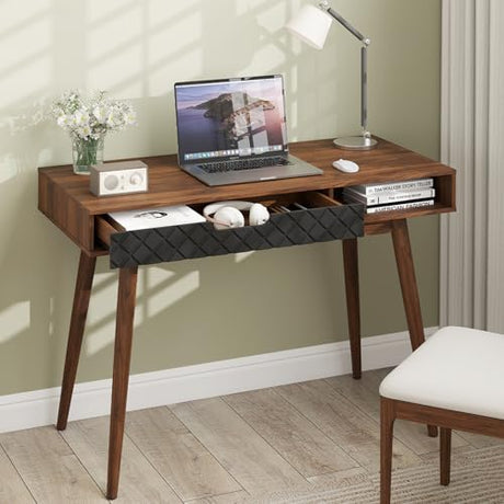 Tangkula Mid-Century Modern Computer Desk, Home Office Desk w/Drawer & Open Compartment, Laptop PC Desk w/Rubber Wood Legs, Makeup Vanity Table, Vintage Writing Desk Workstation for Study, Bedroom Tangkula