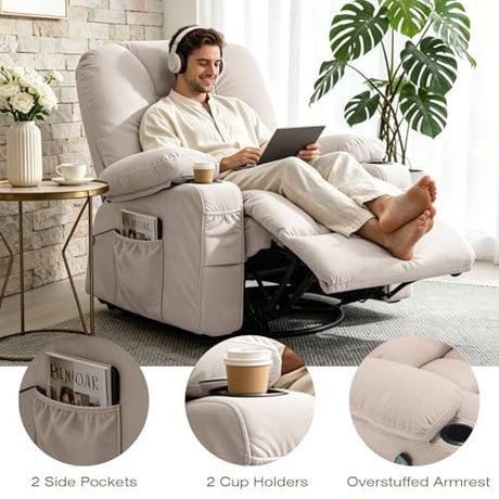 REFICCER Rocker Recliner Chair with Massage and Heat, Oversized Rocking Nursery Recliners Overstuffed Swivel Glider with Cup Holder, Fabric Manual Single Sofa for Living Room, Beige REFICCER