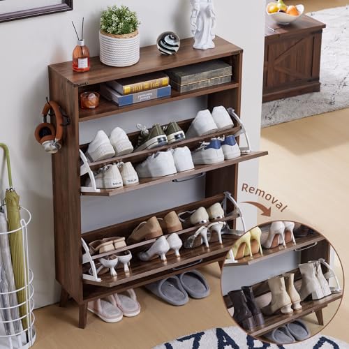 Joaxswe Shoe Storage Cabinet with 2 Flip Drawers, Farmhouse Shoes Organizer for Entryway, Narrow Hidden Shoe Rack with Legs & Open Storage, Freestanding Shoe Closet for Foyer, Hallway, Brown Walnut Joaxswe