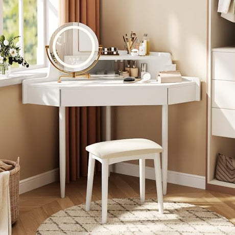 Merax Corner Vanity Desk with Mirror and Lights and Stool, White Makeup Vanity with Storage & Adjustable Light, Girl Glass Top Dressing Table with Small Sliding Glass Door, Drawer and Display Shelf Merax