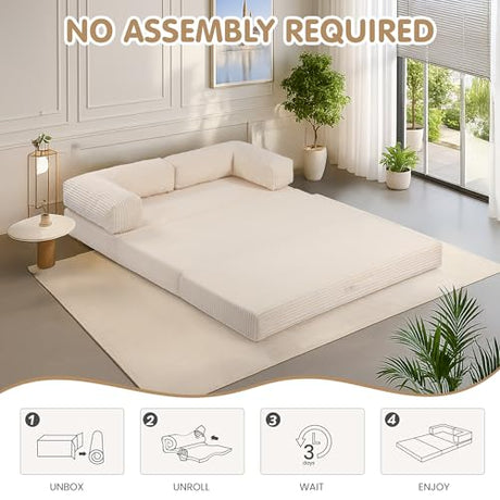 5-in-1 Convertible Sofa Bed,54" Boneless Couch Tri Folding Floor Mattress with Removable L-Shaped Armrests & Handle,Corduroy Futon Couch Sleeper with Pull Out Bed for Living Room Bedroom Apartment feliz home