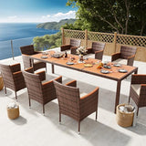 Devoko Outdoor Patio Dining Sets 9 Pieces Wicker Outdoor Dining Table and Chairs Set with Acacia Wood Table Top and Widened Armrests for Backyard, Garden, Deck (Brown) Devoko