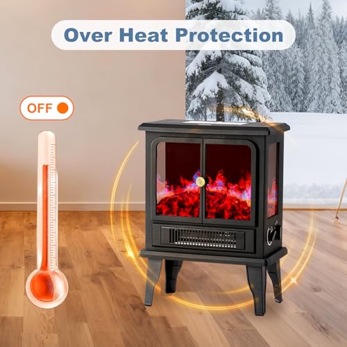 DUMOS 19” Freestanding Electric Fireplace Heater, Electric Fireplace Stove with Adjustable 3D Flame Effect, Stove with Safety Features & Easy Control, Small Corner Heater for Home Office, Inky DUMOS