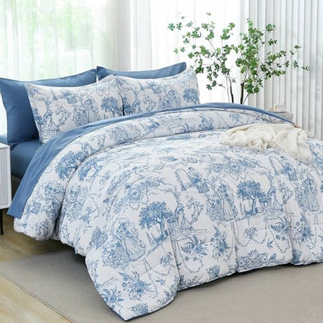 Blue Comforter Set King 7 Piece Bed in a Bag Toile de Jouy Botanical Comforter with Sheet Set Soft Micorfiber Bedding Set (1 Comforter,2 Pillow Shams,1 Flat Sheet,1 Fitted Sheet,2 Pillowcases) Xruibed