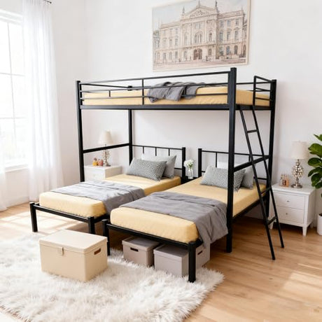 CXRCY Heavy Duty Triple Bunk Bed, Twin Over Twin Over Twin with Guardrails, Inclined Ladder & Storage, Detachable Metal Bunk Bed for 3, Converts to 3 Separate Twin Beds CXRCY