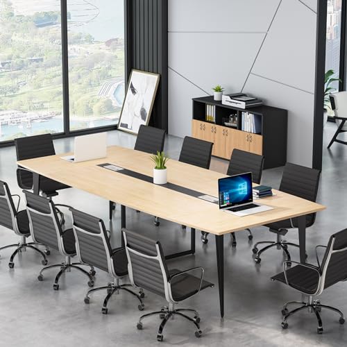 LITTLE TREE 8FT Conference Room Table, 94.48L x 47.21W x 29.52H Boat Shaped Meeting Table, Light Walnut - WoodArtSupply