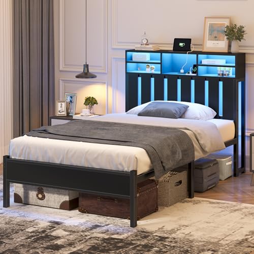 Twin Size Bed Frame with Charging Station and LED Lights, Twin Bed Frames with Storage Headboard, Black LED Bed Frame with Storage Shelves, Metal Platform with Under-Bed Storage, No Box Spring Needed CSZZD
