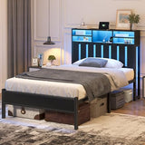 Twin Size Bed Frame with Charging Station and LED Lights, Twin Bed Frames with Storage Headboard, Black LED Bed Frame with Storage Shelves, Metal Platform with Under-Bed Storage, No Box Spring Needed CSZZD