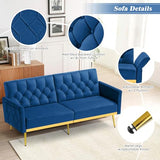 ACMEASE Velvet Futon Sofa Bed w/Adjustable Armrests & Backrests, Button Tufted Sleeper Couch, Modern Convertible Loveseat Sofa for Bedroom, Living Room, Apartment, Blue ACMEASE
