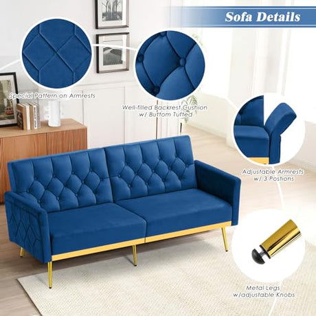 ACMEASE Velvet Futon Sofa Bed w/Adjustable Armrests & Backrests, Button Tufted Sleeper Couch, Modern Convertible Loveseat Sofa for Bedroom, Living Room, Apartment, Blue ACMEASE