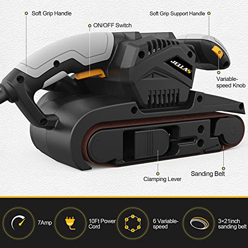 Jellas 7Amp Belt Sander 3 × 21-Inch with Dust Bag, Bench Sander with Variable-speed Control, 2 in 1 Vacuum Adapter, 10 Feet (3 Meters) Length Power Jellas