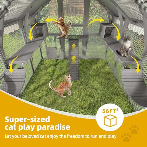 DWVO Extra Large Catio Outdoor Cat Enclosure, 110 inch Outside Cattery with Weatherproof Roof, Cat Scratcher Ramp, Cat Space Capsule Bed, 2 Bridges, 2 Resting Houses, 7 Platforms DWVO