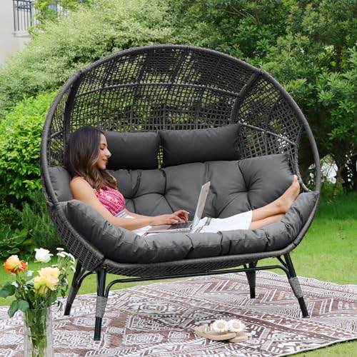 NICESOUL® Double Egg Chair Indoor Outdoor Stationary Oversized Thicken Padded Cushions,2 Person Egg Loveseat Chair,680 lbs Extra Large Lounge Chair for Patio Balcony Porch Backyard Gray